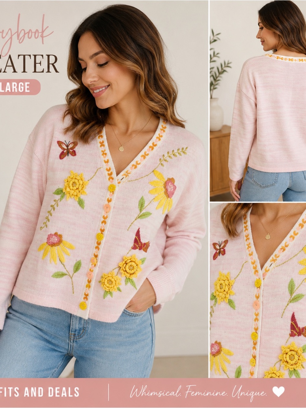 Storybook Knits Pink Floral Embroidered V-Neck Cardigan
